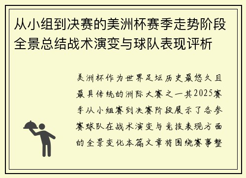 从小组到决赛的美洲杯赛季走势阶段全景总结战术演变与球队表现评析